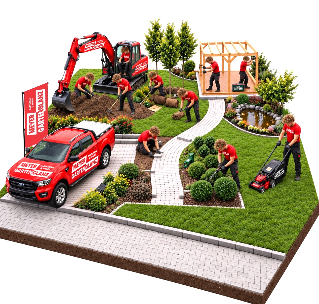 Meyer Gartenglanz Team bei Gartenbau- und Pflegearbeiten mit Fahrzeug, Bagger und Werkzeug
